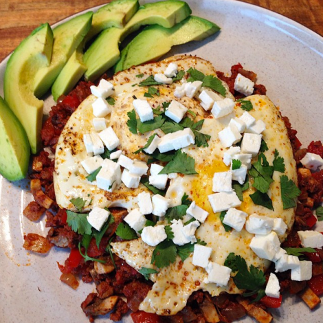 A Julie Winch original - eggs over a chorizo/veggie sauté 